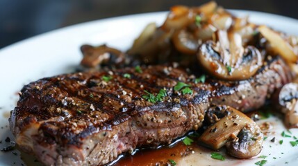 A New York strip steak is presented with a side of mushrooms and onions.