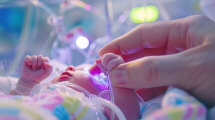 A close-up of a premature baby's hand in an incubator, holding onto an adult's finger, highlighted by gentle blue and purple lighting from the medical devices in a NICU.