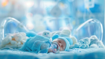 A newborn baby peacefully sleeping in an incubator, wrapped in a blue blanket, with a pacifier and breathing tubes, surrounded by soft toys, in a gentle hospital environment.
