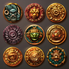 Asset of Aztec coins for mobile game or slot game, Illustration.
