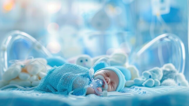 A newborn baby peacefully sleeping in an incubator, wrapped in a blue blanket, with a pacifier and breathing tubes, surrounded by soft toys, in a gentle hospital environment.