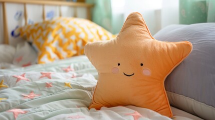 A cute and friendly star-shaped pillow in a vibrant orange, perfectly placed on a bed to add a playful and cozy touch to any child's room.