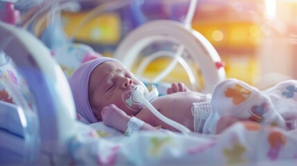 A newborn baby peacefully sleeping in an incubator, wrapped in a blue blanket, with a pacifier and breathing tubes, surrounded by soft toys, in a gentle hospital environment.