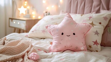 An adorable and dreamy star-shaped pillow in a pink child's bedroom, adding a touch of whimsy and comfort to the decor.
