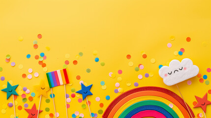 Obraz premium Colorful Rainbow and Cloud Pops on Yellow Background with Star Confetti