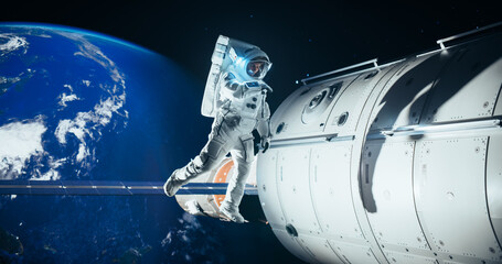 Portrait of Young Focused Male Astronaut in a Space Suit During a Spacewalk Outside a Spaceship,...