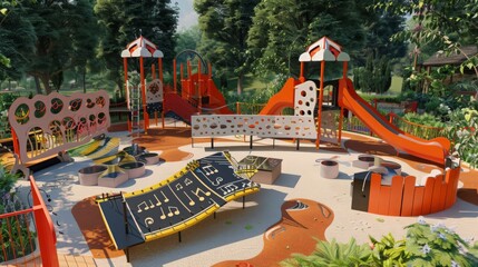 A playground adjacent to a community garden, encouraging children to explore nature and gardening
