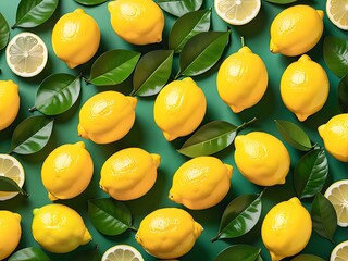 fresh lemons with leaves on yellow background