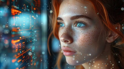 A young woman's face up close with digital graphics overlaying her features, symbolizing tech and data