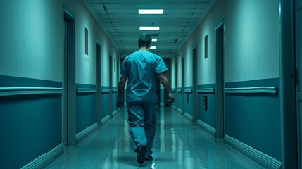 An experienced surgeon walks down the clinic corridor, seen from behind