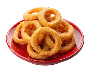 Naklejka premium Plate of onion rings, featuring a golden crispy snack in a red plate, isolated on transparent background, png.