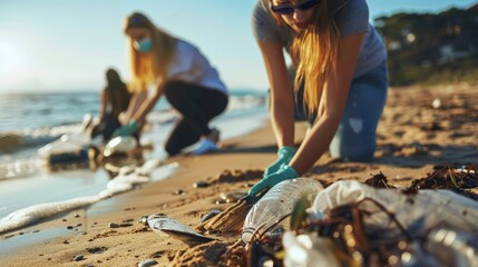 Volunteers cleaning up a local beach, showing commitment to environmental care