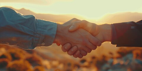Two businessmen shaking hands on top of mountain, sunset, closeup, movie shot, giant, business giant, summit, climbing to the top, difficulty, overcoming the odds, winner, 4k HD wallpaper, background,