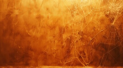 Bright Halloween themed background with shabby orange wall covered in spooky spider web