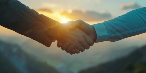 Two businessmen shaking hands on top of mountain, sunset, closeup, movie shot, giant, business giant, summit, climbing to the top, difficulty, overcoming the odds, winner, 4k HD wallpaper, background,