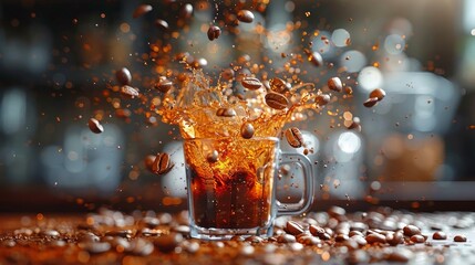 Coffee beans and droplets burst around a mug of iced coffee, capturing the refreshing nature of the beverage