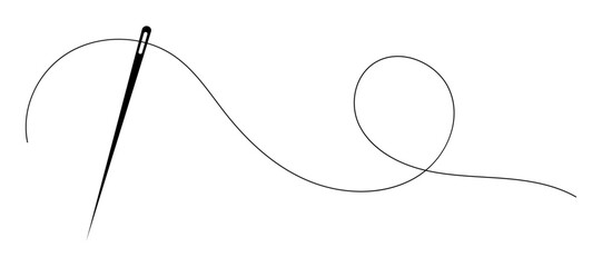 Sewing needle icon with a long black thread illustration.