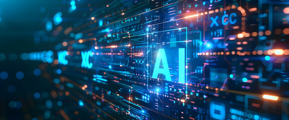 AI letters with glowing digital data background, text "xcc ai" on blue hologram and pixelated light effect