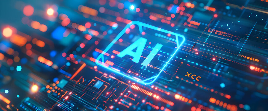 AI letters with glowing digital data background, text "xcc ai" on blue hologram and pixelated light effect