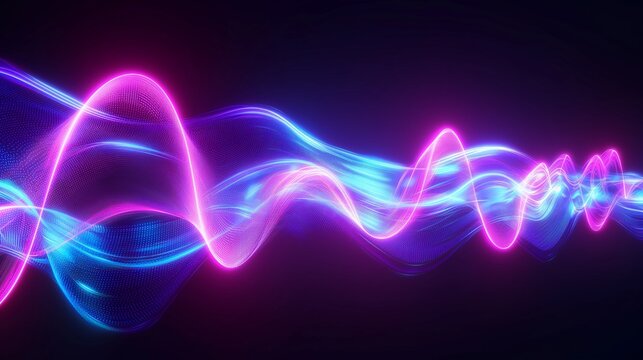 An energetic visual of a neon sound wave, pulsing along to an unseen beat, rendered in glowing purple and blue against a pitch-black background.