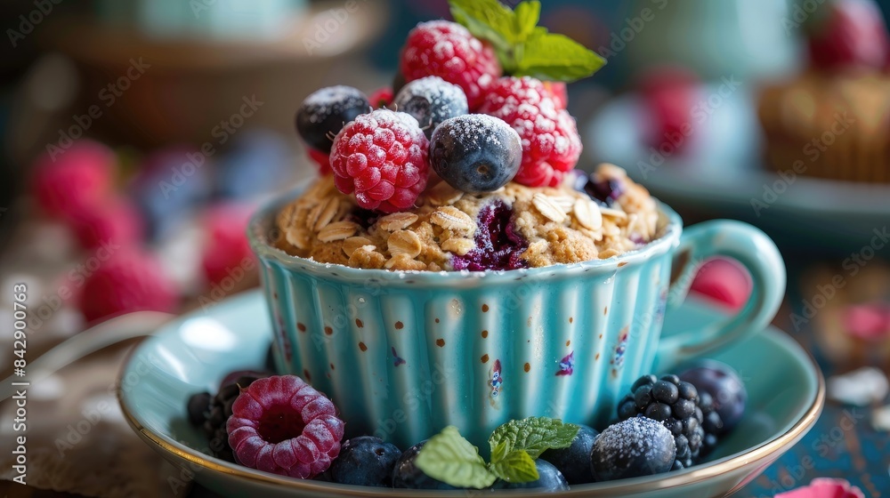 Sticker Oat filled berry muffin topped with fresh berries in a cup