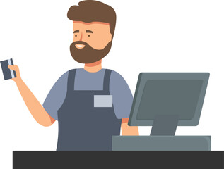 Male cashier is holding a credit card while working at the cash register