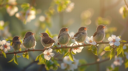 Obraz premium Birds singing on a blooming branch during sunrise