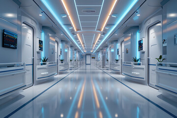 Obraz premium Empty Corridor in a Modern Building with Bright Blue Lighting