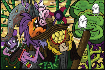 Colorful free doodle style drawings of animals in the forest