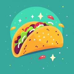 Delicious taco with filling and toppings on a green background.
