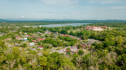 Aerial drone view of countryside settlements scenery at Pantai Jambu Bongkok, Marang, Terengganu,...