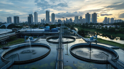Infrastructure of a Water Treatment Plant with Circular Tanks and Pipes in City Environment