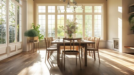 A sunlit dining room with a large wooden table and chairs, ideal for hosting dinner parties.
