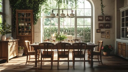 A sunlit dining room with a large wooden table and chairs, ideal for hosting dinner parties.