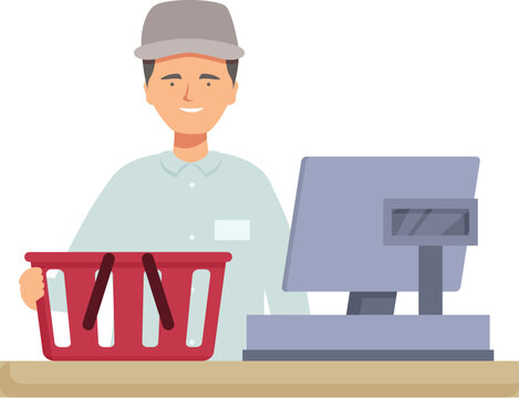 Friendly cashier working at his cash register, holding a shopping basket