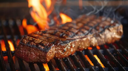 A thick, juicy steak sizzles on the grill, its surface developing a perfect char.