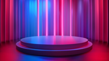 A stage with a blue and pink background