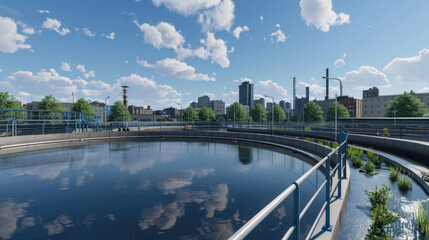 Infrastructure of a Water Treatment Plant with Circular Tanks and Pipes in City Environment