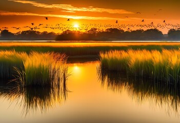 Obraz premium tranquil marshland bathed golden sunset light reflecting calm waters, nature, landscape, serene, peaceful, scenic, idyllic, beauty, environment, outdoor, view