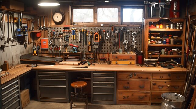 A workshop with tools, a workbench, and storage for DIY projects and repairs.