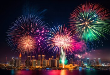 vibrant fireworks display illuminating urban skyline night, colors, bright, lights, cityscape, view, nighttime, illumination, city, colorful, spectacular