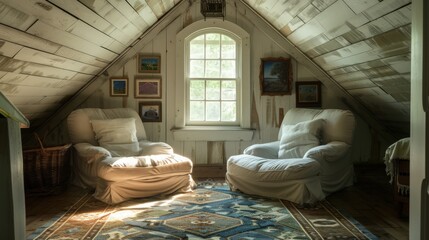 An attic space converted into a cozy retreat, with comfortable seating and personal touches.
