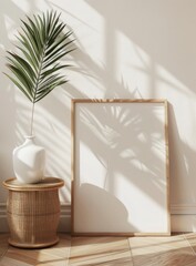 Wooden frame blank wall canvas mockup, 3d render empty frame mockup.