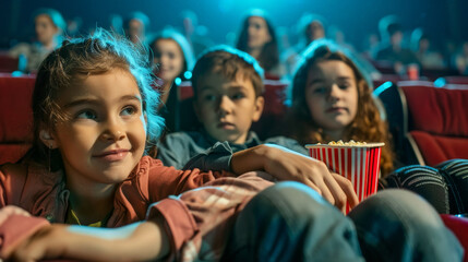 Fototapeta premium Happy family enjoying movie night at home with popcorn and smiles