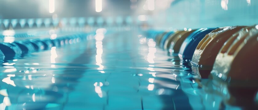 A close-up view of swimming pool lanes with vibrant blue water, illuminated by overhead lights, highlighting the competitive swimming atmosphere.