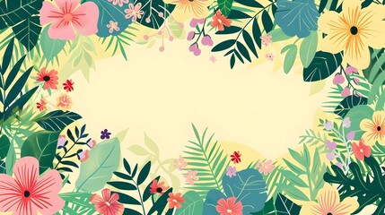 Fototapeta premium Lush Tropical Floral Backdrop with Vibrant Foliage and Blooming Flowers in a Peaceful Paradise Nature Setting