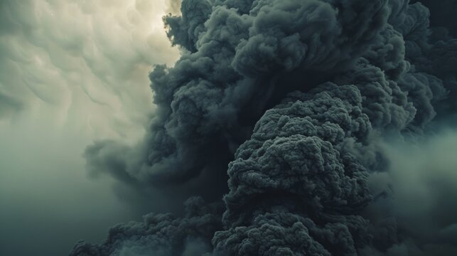 A chilling photograph of a thick dark plume of ash and smoke rising into the sky from a powerful pyroclastic flow.