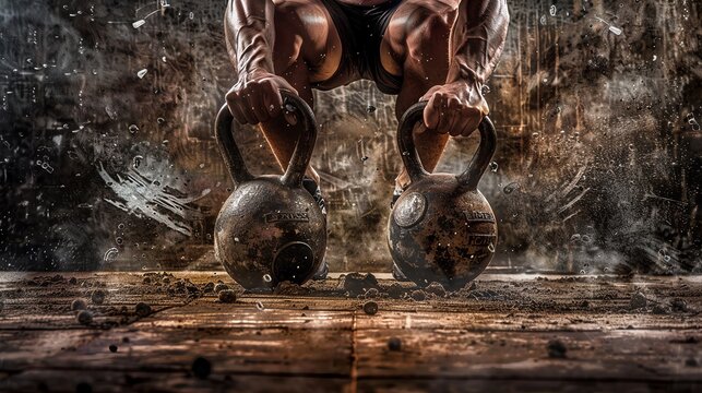 A muscular person lifting two heavy kettlebells in an intense workout setting, showcasing strength, fitness, and determination.