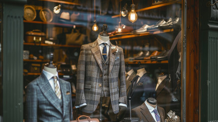 Fototapeta premium Classic Men's Store Display with Vintage Suit and Surrounding Timeless Fashion Pieces