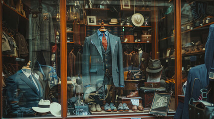 Classic Men's Store Display with Vintage Suit and Surrounding Timeless Fashion Pieces